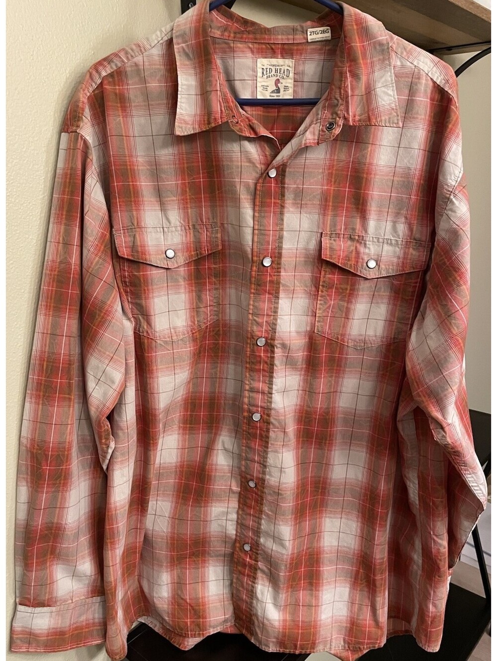 Red Head 2XL Pearl Snap Western Shirt Rodeo Plaid Pocket Orange